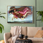 Natural wood floater framed canvas featuring an allegorical painting of intertwined figures in celestial setting, displayed above a sofa in a modern living room.