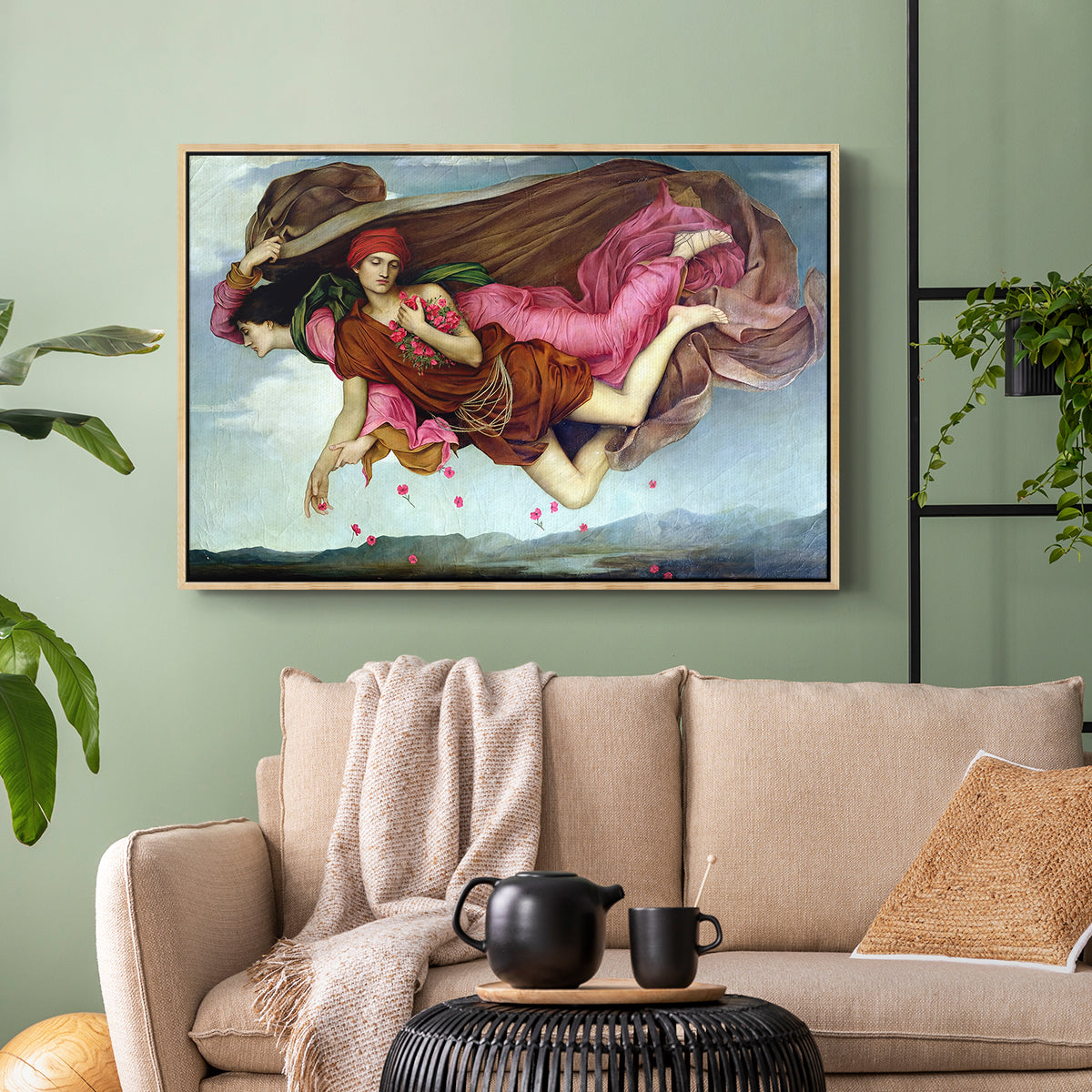 Natural wood floater framed canvas featuring an allegorical painting of intertwined figures in celestial setting, displayed above a sofa in a modern living room.
