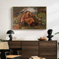 A Soul in Hell, c. 1901-1902 by Evelyn De Morgan displayed in a natural wood floater framed canvas above a dark wood credenza in an entryway.