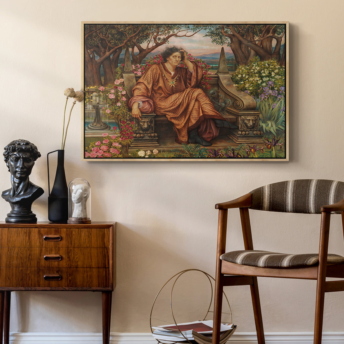 A Soul in Hell, c. 1901-1902 by Evelyn De Morgan as a natural wood floater framed canvas featuring a symbolic depiction of soul in anguish amid chaotic forms, styled above a mid-century console in a contemporary living area.