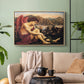 Natural wood floater framed canvas featuring a symbolic imagery of purity overcoming evil forces, displayed above a sofa in a modern living room.