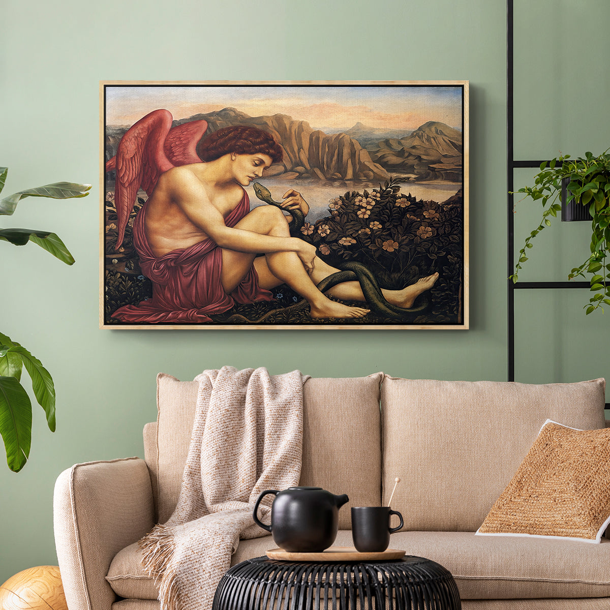 Natural wood floater framed canvas featuring a symbolic imagery of purity overcoming evil forces, displayed above a sofa in a modern living room.
