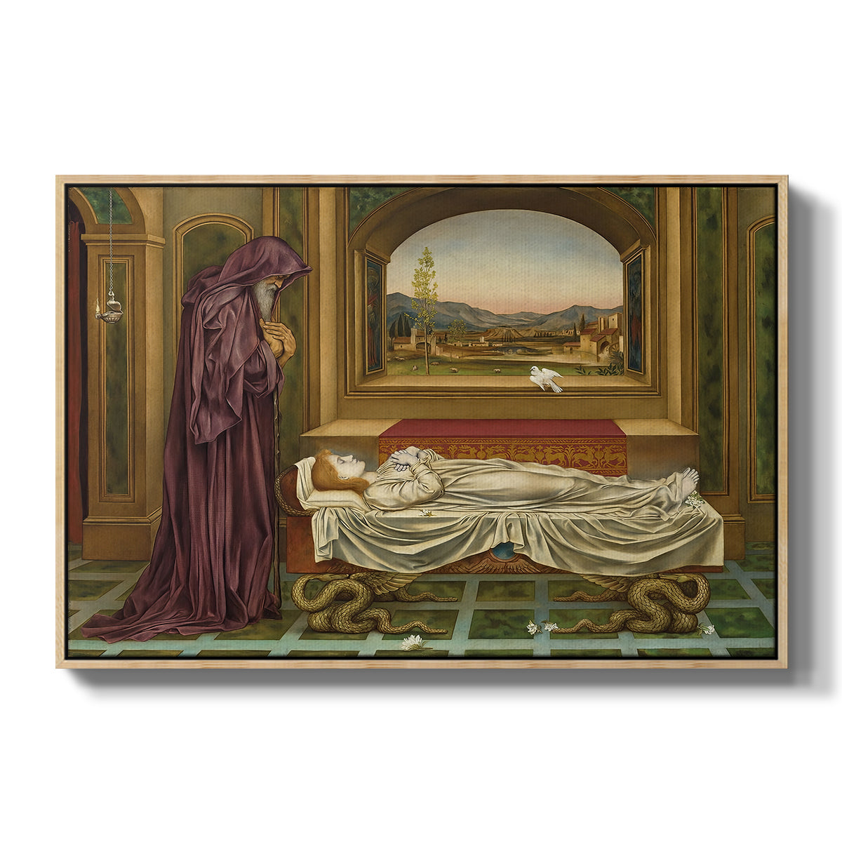 The Wandering Jew: Whom the Gods Love Die Young, 1888 by Evelyn De Morgan in a natural wood floater framed canvas wall art display.