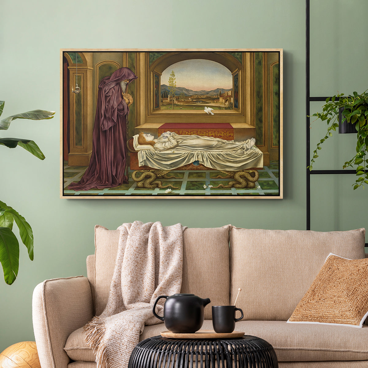 Natural wood floater framed canvas featuring a narrative composition with figure paused in reflective moment, displayed above a sofa in a modern living room.