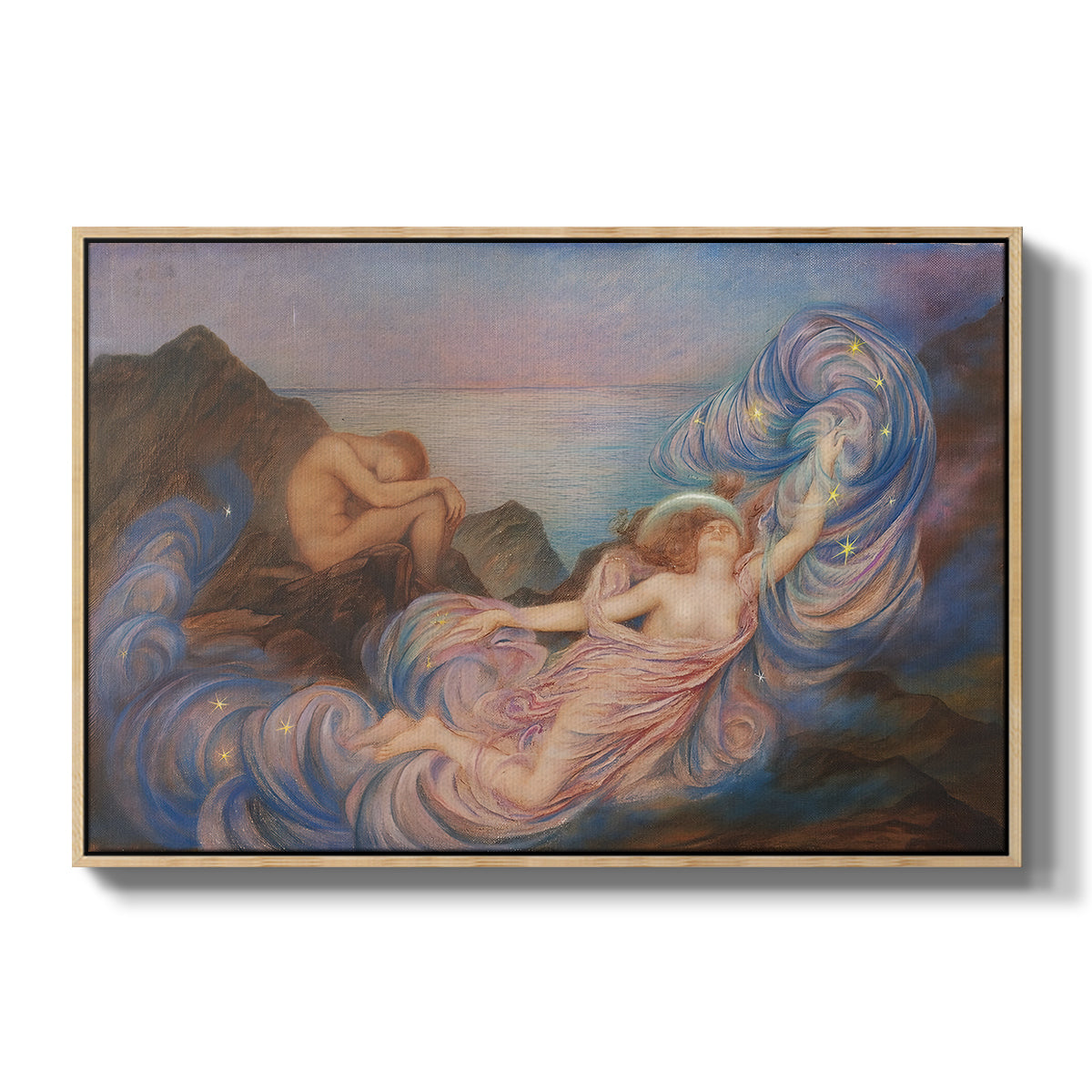 Twilight, 1914 by Evelyn De Morgan in a natural wood floater framed canvas wall art display.
