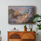 Twilight, 1914 by Evelyn De Morgan in a natural wood floater framed canvas featuring a reclining female figure beneath glowing sky at twilight with soft colors, displayed above a wood console cabinet.