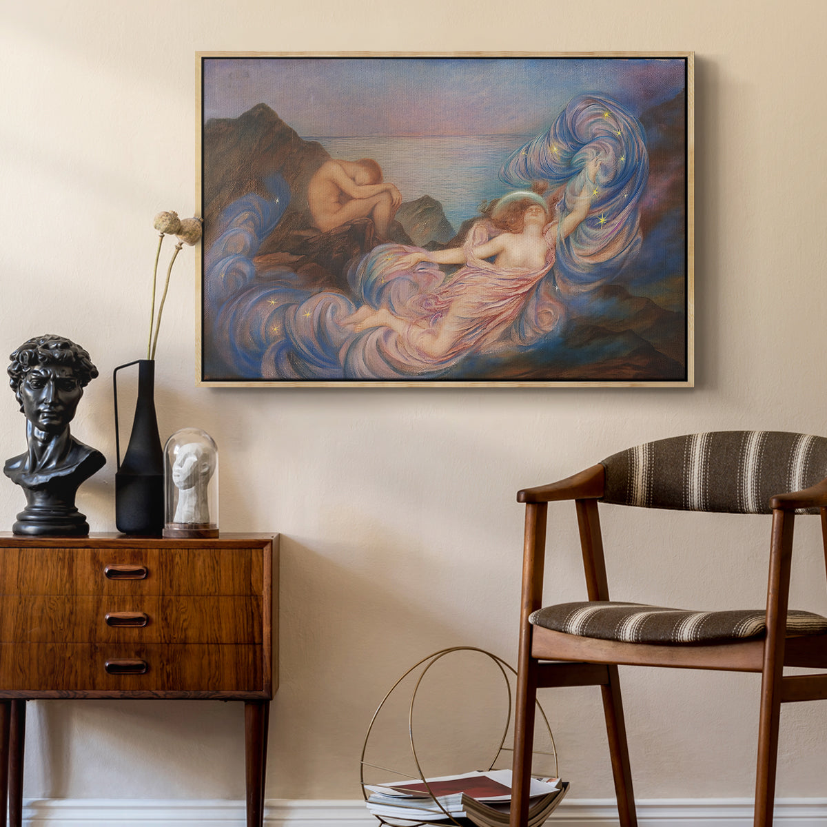Twilight, 1914 by Evelyn De Morgan as a natural wood floater framed canvas featuring a dreamlike composition with woman in fading light, styled above a mid-century console in a contemporary living area.