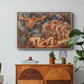 Boreas and the Fallen Leaves, c. 1910-1914 by Evelyn De Morgan in a natural wood floater framed canvas featuring swirling figures carried by wind among falling leaves in dynamic composition, displayed above a wood console cabinet.