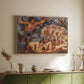 Natural wood floater framed canvas of Boreas and the Fallen Leaves, c. 1910-1914 by Evelyn De Morgan, featuring a mythological scene of wind god Boreas moving through autumn leaves above a sideboard in a softly lit hallway.