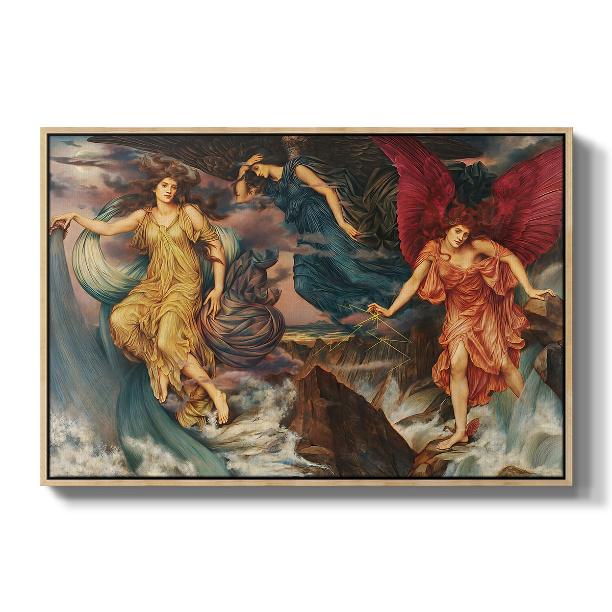 The Storm Spirits, 1900 by Evelyn De Morgan in a natural wood floater framed canvas wall art display.