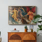 The Storm Spirits, 1900 by Evelyn De Morgan in a natural wood floater framed canvas featuring multiple figures swirling through sky representing storm forces in motion, displayed above a wood console cabinet.