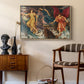The Storm Spirits, 1900 by Evelyn De Morgan as a natural wood floater framed canvas featuring a dynamic composition of figures embodying storm energy, styled above a mid-century console in a contemporary living area.