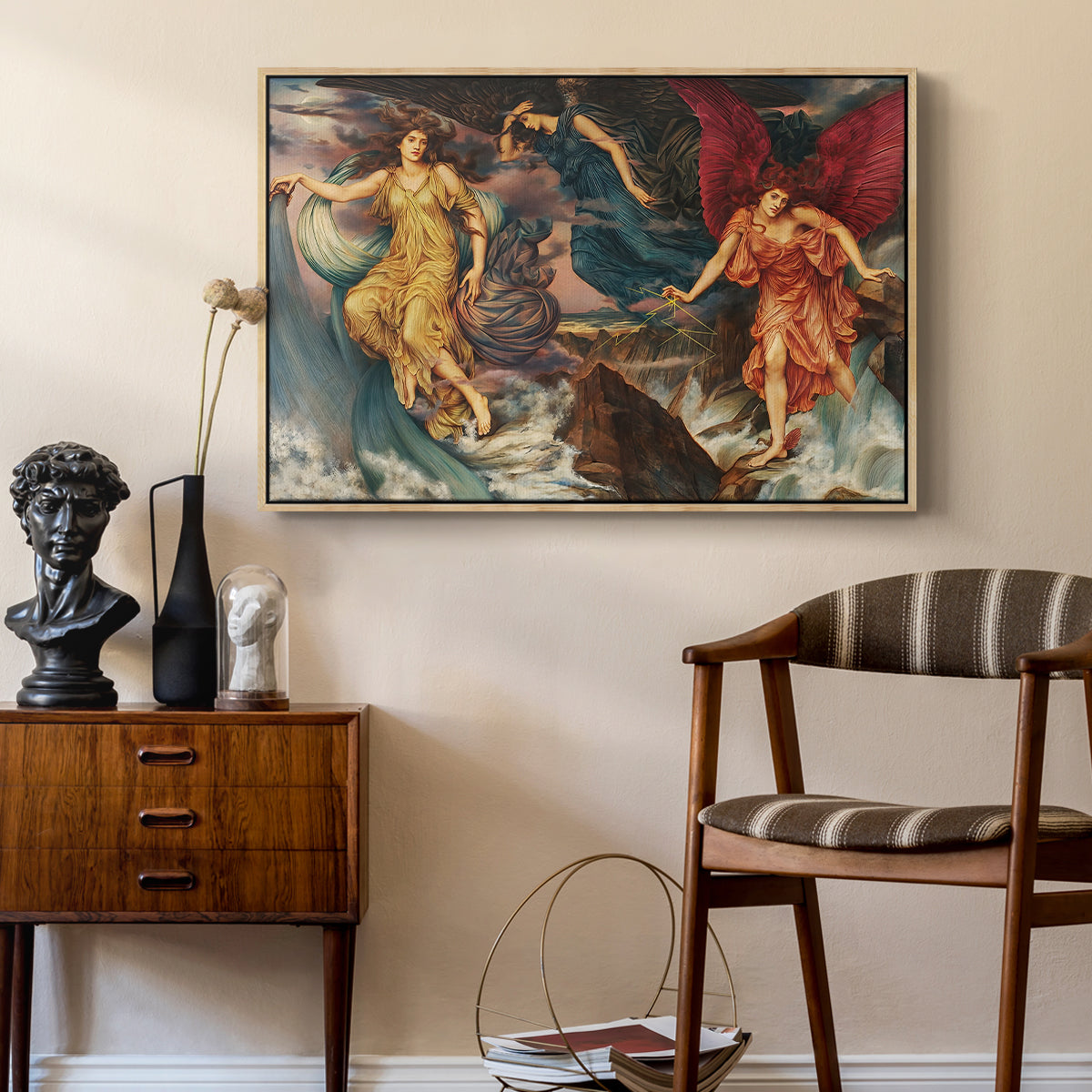 The Storm Spirits, 1900 by Evelyn De Morgan as a natural wood floater framed canvas featuring a dynamic composition of figures embodying storm energy, styled above a mid-century console in a contemporary living area.