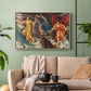 Natural wood floater framed canvas featuring a symbolic scene of airborne figures in chaotic movement, displayed above a sofa in a modern living room.