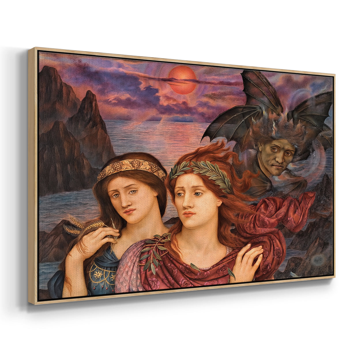 Angled view of The Vision, 1914 by Evelyn De Morgan in a natural wood floater framed canvas.