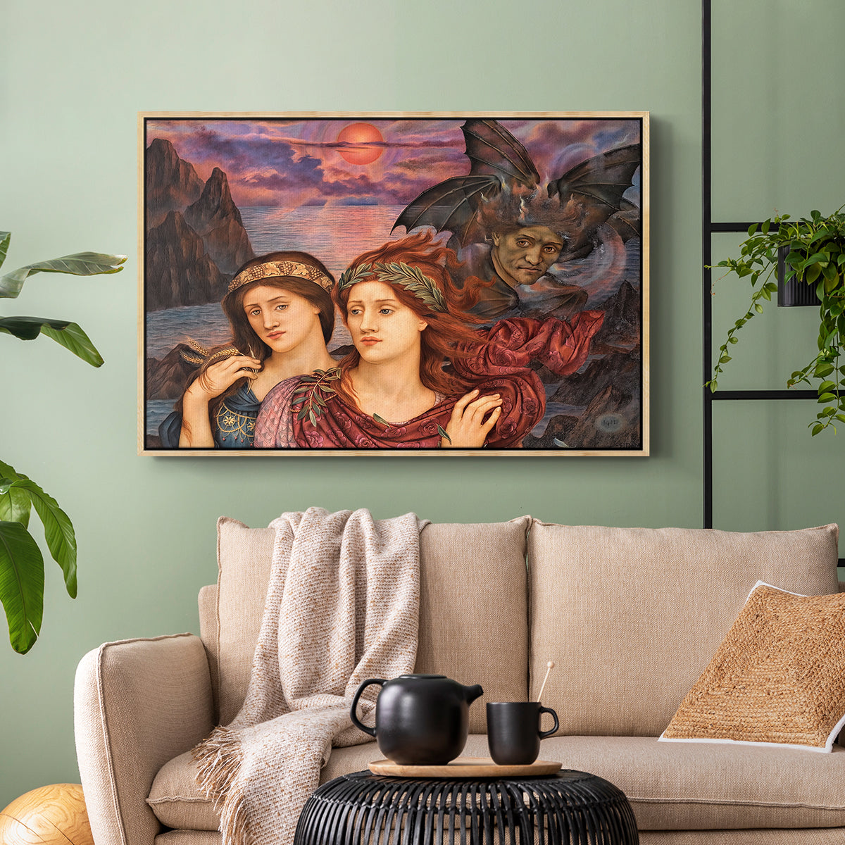 Natural wood floater framed canvas featuring an allegorical scene emphasizing emotion and color, displayed above a sofa in a modern living room.