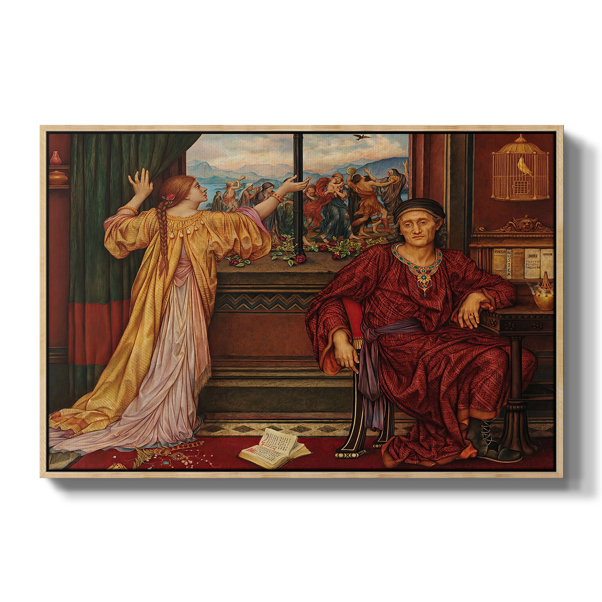 The Gilded Cage, c. 1901-1902 by Evelyn De Morgan in a natural wood floater framed canvas wall art display.