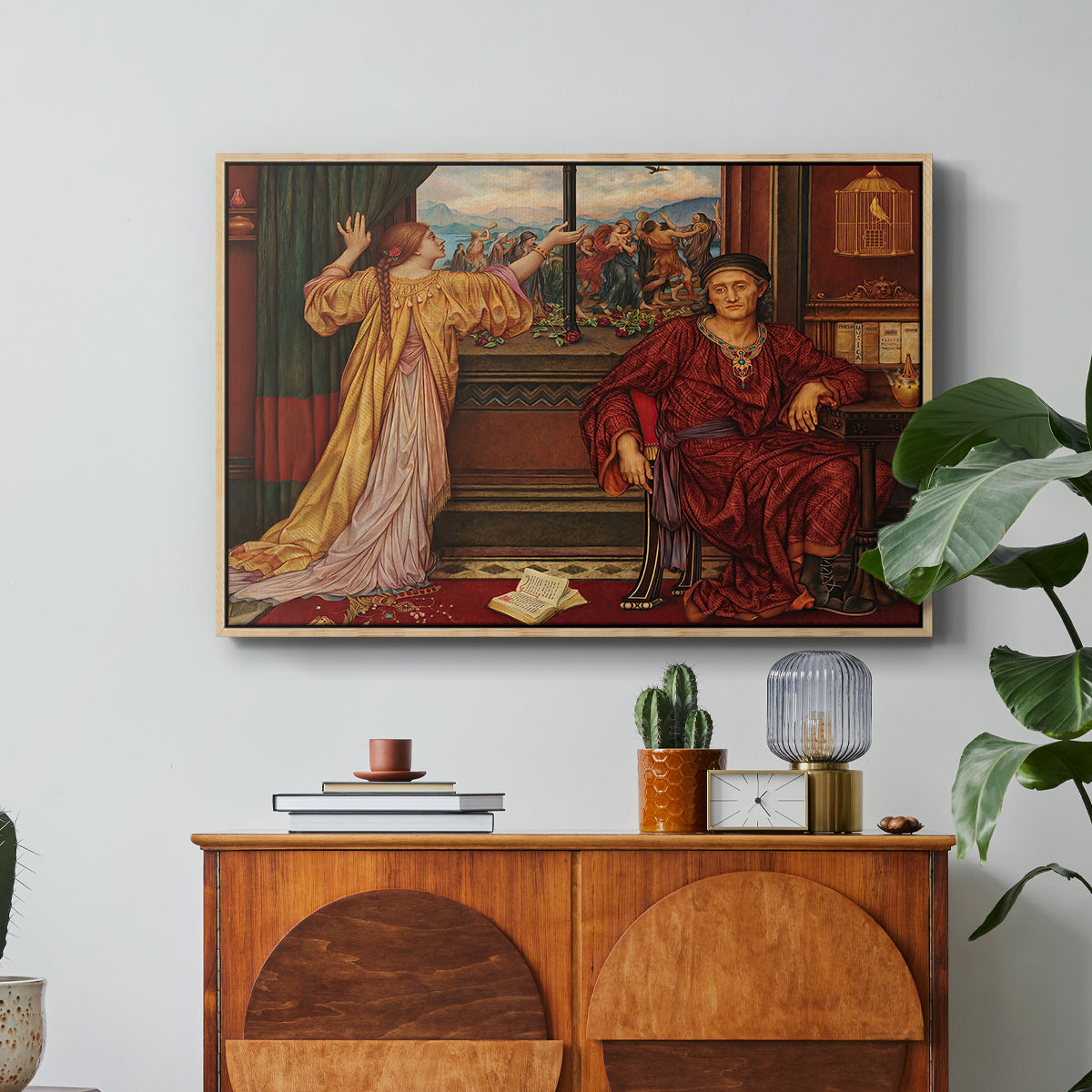 The Gilded Cage, c. 1901-1902 by Evelyn De Morgan in a natural wood floater framed canvas featuring a woman seated inside ornate interior symbolizing confinement and luxury, displayed above a wood console cabinet.