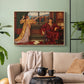 Natural wood floater framed canvas featuring an allegorical depiction of beauty and captivity, displayed above a sofa in a modern living room.