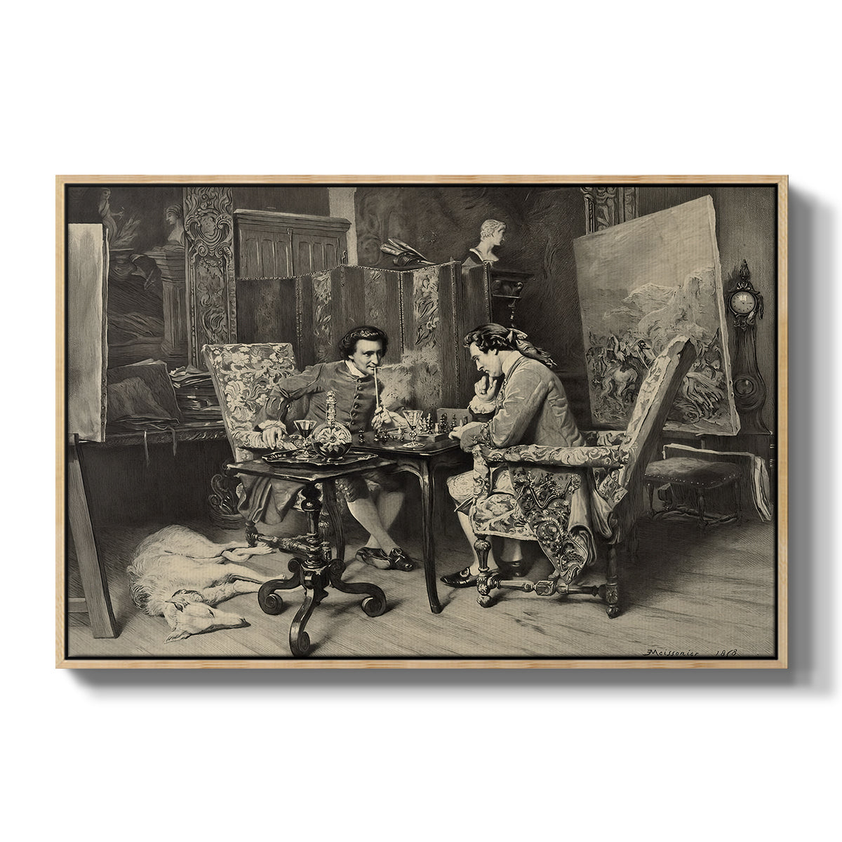 The Chess Players, 1858 by Ernest Meissonier in a natural wood floater framed canvas wall art display.