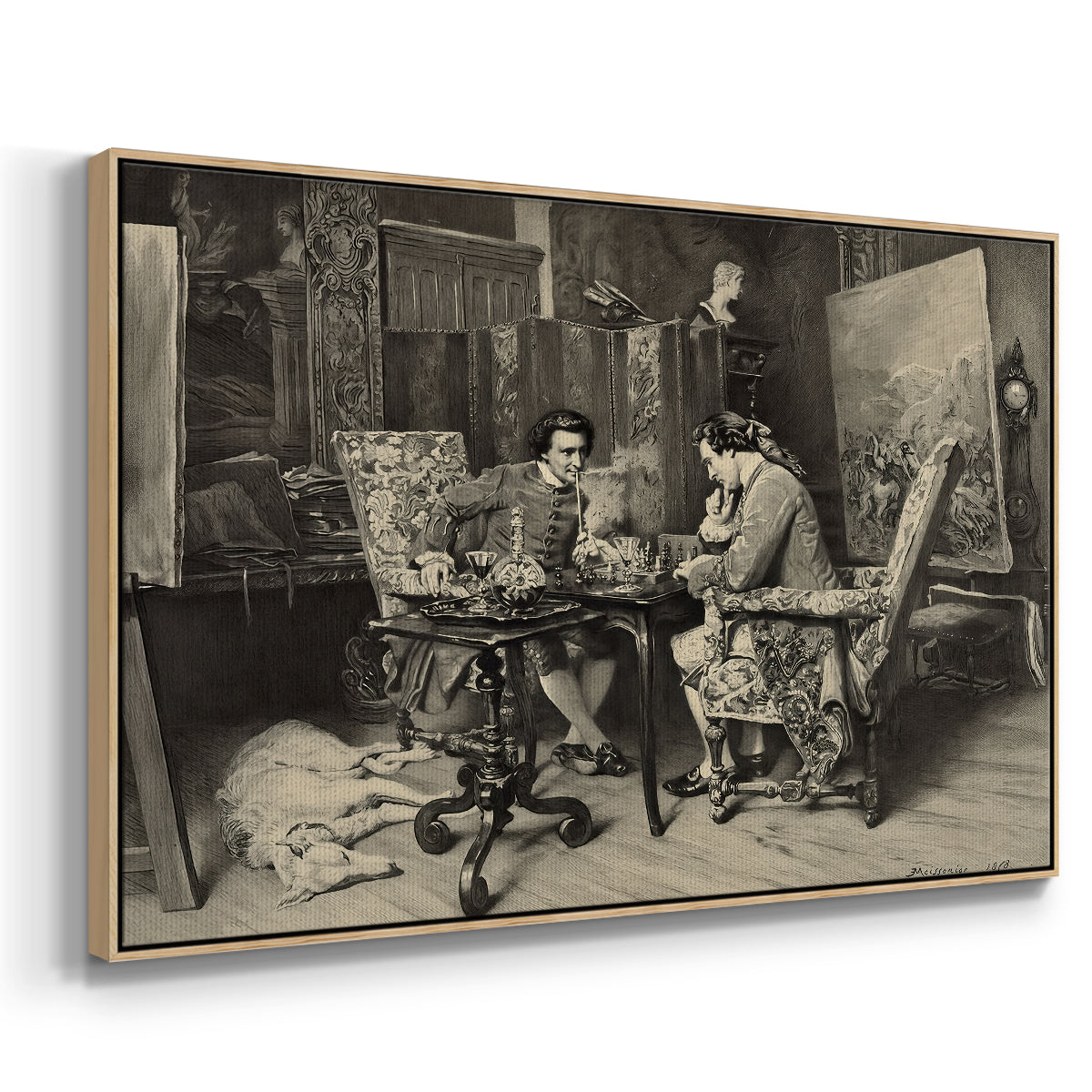 Angled view of The Chess Players, 1858 by Ernest Meissonier in a natural wood floater framed canvas.