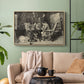 Natural wood floater framed canvas featuring a monochrome-style depiction of strategic game between two figures, displayed above a sofa in a modern living room.