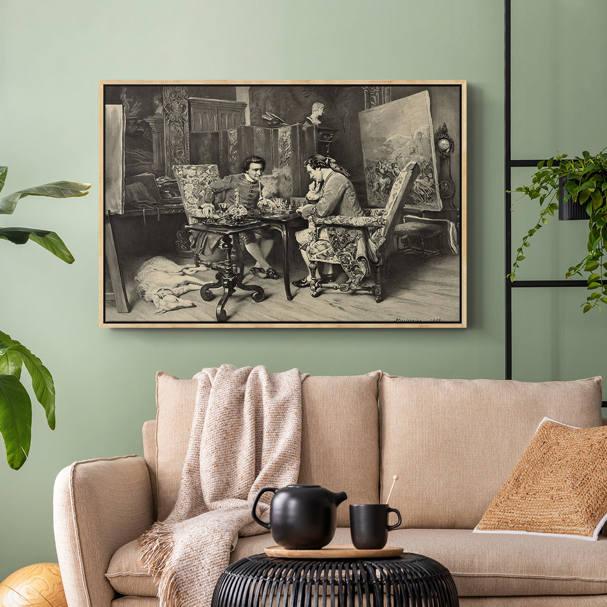 Natural wood floater framed canvas featuring a monochrome-style depiction of strategic game between two figures, displayed above a sofa in a modern living room.