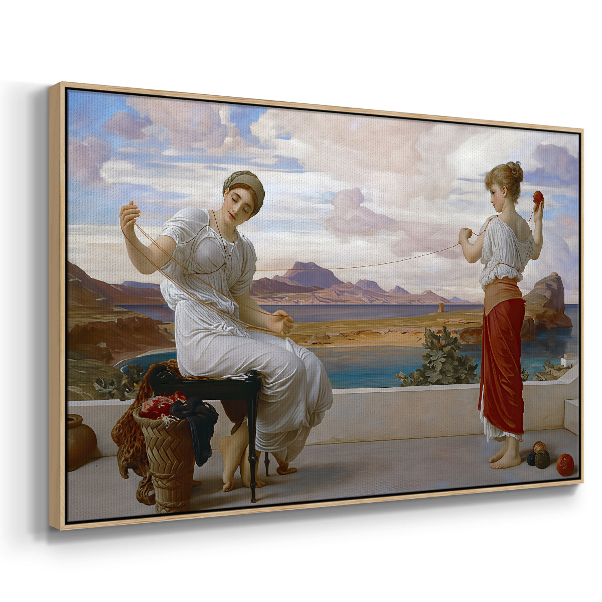Angled view of Winding the Skein, c. 1878 by Frederic Leighton in a natural wood floater framed canvas.