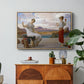 Winding the Skein, c. 1878 by Frederic Leighton in a natural wood floater framed canvas featuring a woman holding thread while another figure helps wind yarn in classical setting, displayed above a wood console cabinet.