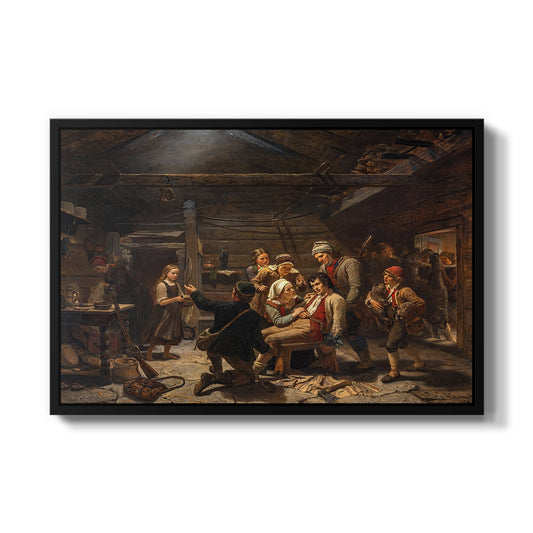 The Return of the Bear Hunter, 1856 by Adolph Tidemand in a black floater framed canvas wall art display.