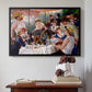 Black floater framed canvas featuring Luncheon of the Boating Party (Le Déjeuner des canotiers), 1880-1881 by Pierre-Auguste Renoir above an entryway table in a minimalist foyer.