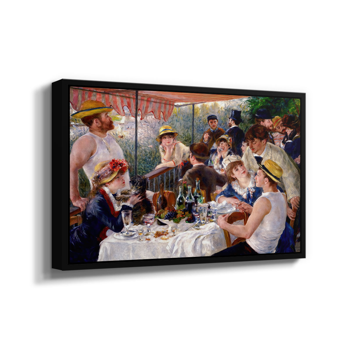 Angled view of Luncheon of the Boating Party (Le Déjeuner des canotiers), 1880-1881 by Pierre-Auguste Renoir in a black floater framed canvas.