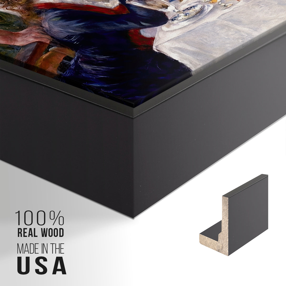 Close-up of the black floater frame corner and gallery wrapped canvas construction.