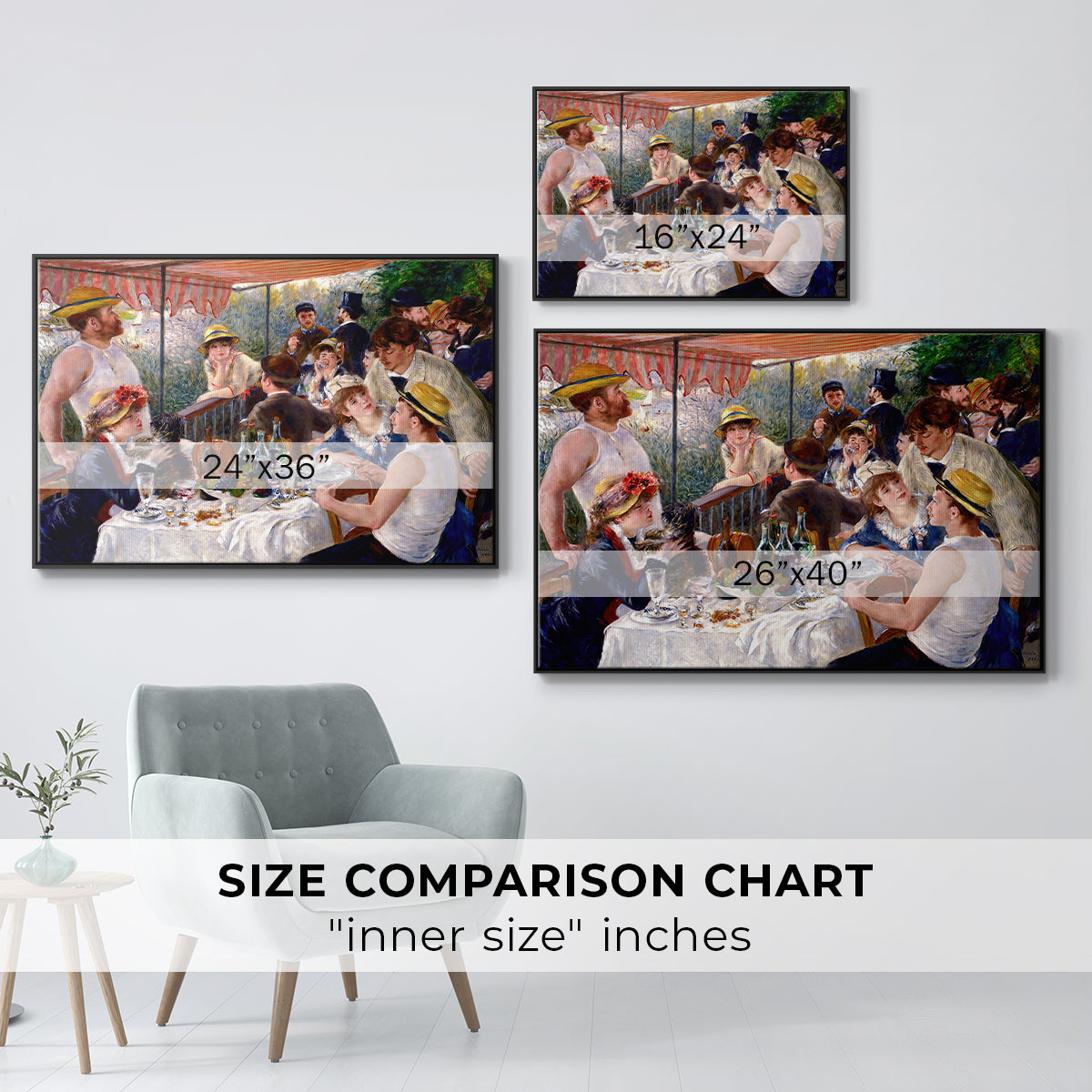 Size comparison chart for black floater framed canvas featuring Luncheon of the Boating Party (Le Déjeuner des canotiers), 1880-1881 by Pierre-Auguste Renoir.
