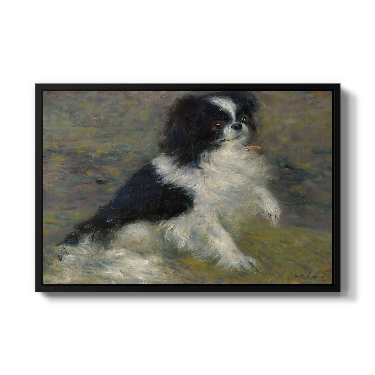 Tama, the Japanese Dog, c. 1876 by Pierre-Auguste Renoir in a black floater framed canvas wall art display.