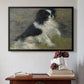 Black floater framed canvas featuring Tama, the Japanese Dog, c. 1876 by Pierre-Auguste Renoir above an entryway table in a minimalist foyer.