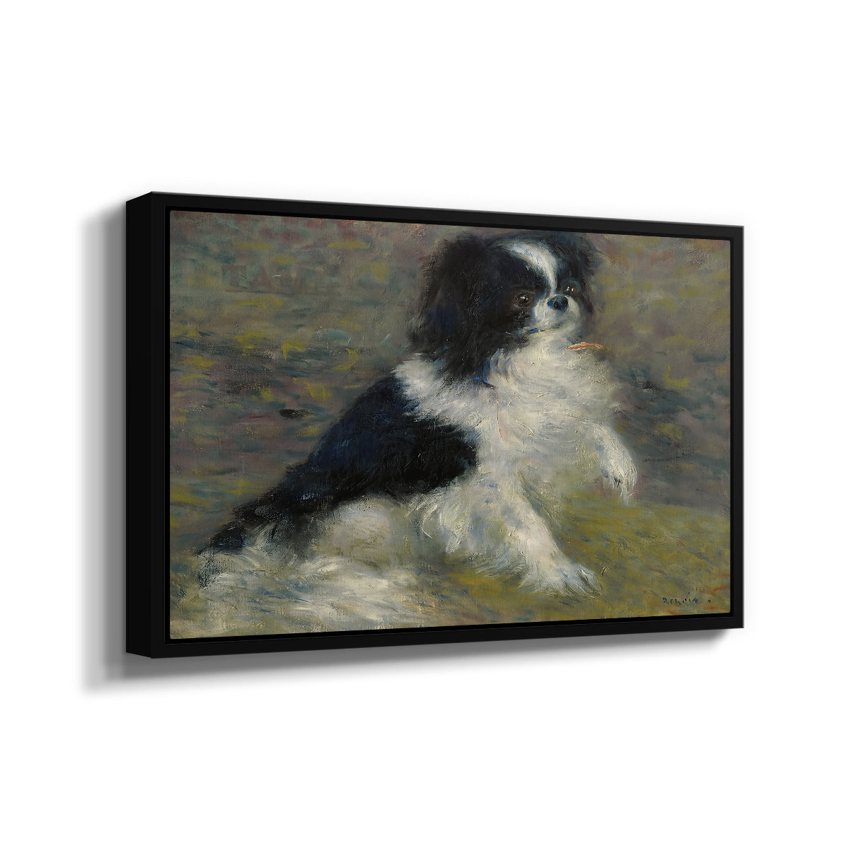 Angled view of Tama, the Japanese Dog, c. 1876 by Pierre-Auguste Renoir in a black floater framed canvas.