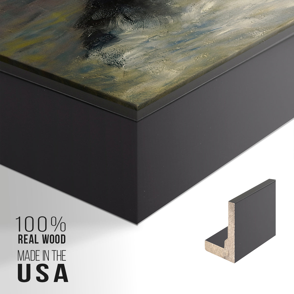 Close-up of the black floater frame corner and gallery wrapped canvas construction.