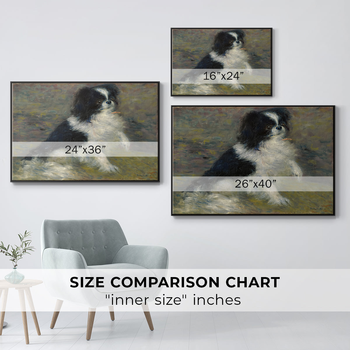 Size comparison chart for black floater framed canvas featuring Tama, the Japanese Dog, c. 1876 by Pierre-Auguste Renoir.