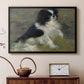 Black floater framed canvas featuring a close-up of a small dog in motion surrounded by rippling water, displayed above a cabinet in a soft-toned living room.