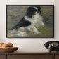 Tama, the Japanese Dog, c. 1876 by Pierre-Auguste Renoir in a black floater framed canvas displayed above a console table in a hallway, featuring an animal portrait of a dog in natural outdoor setting with soft light.