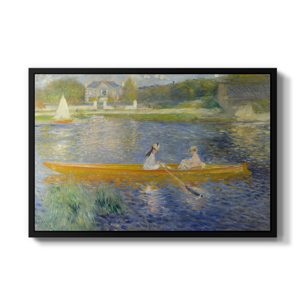The Skiff (La Yole), 1875 by Pierre-Auguste Renoir in a black floater framed canvas wall art display.