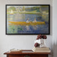 Black floater framed canvas featuring The Skiff (La Yole), 1875 by Pierre-Auguste Renoir above an entryway table in a minimalist foyer.