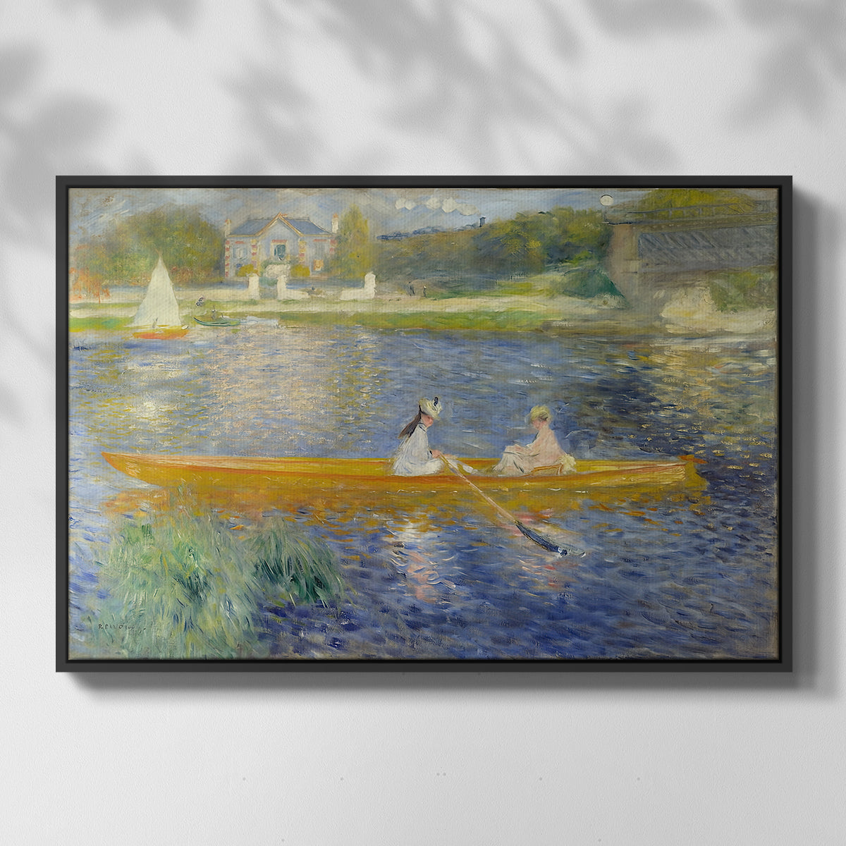 Front view of The Skiff (La Yole), 1875 by Pierre-Auguste Renoir in a black floater framed canvas.