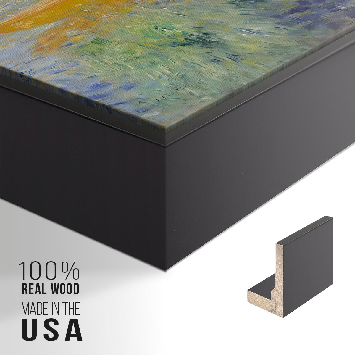 Close-up of the black floater frame corner and gallery wrapped canvas construction.