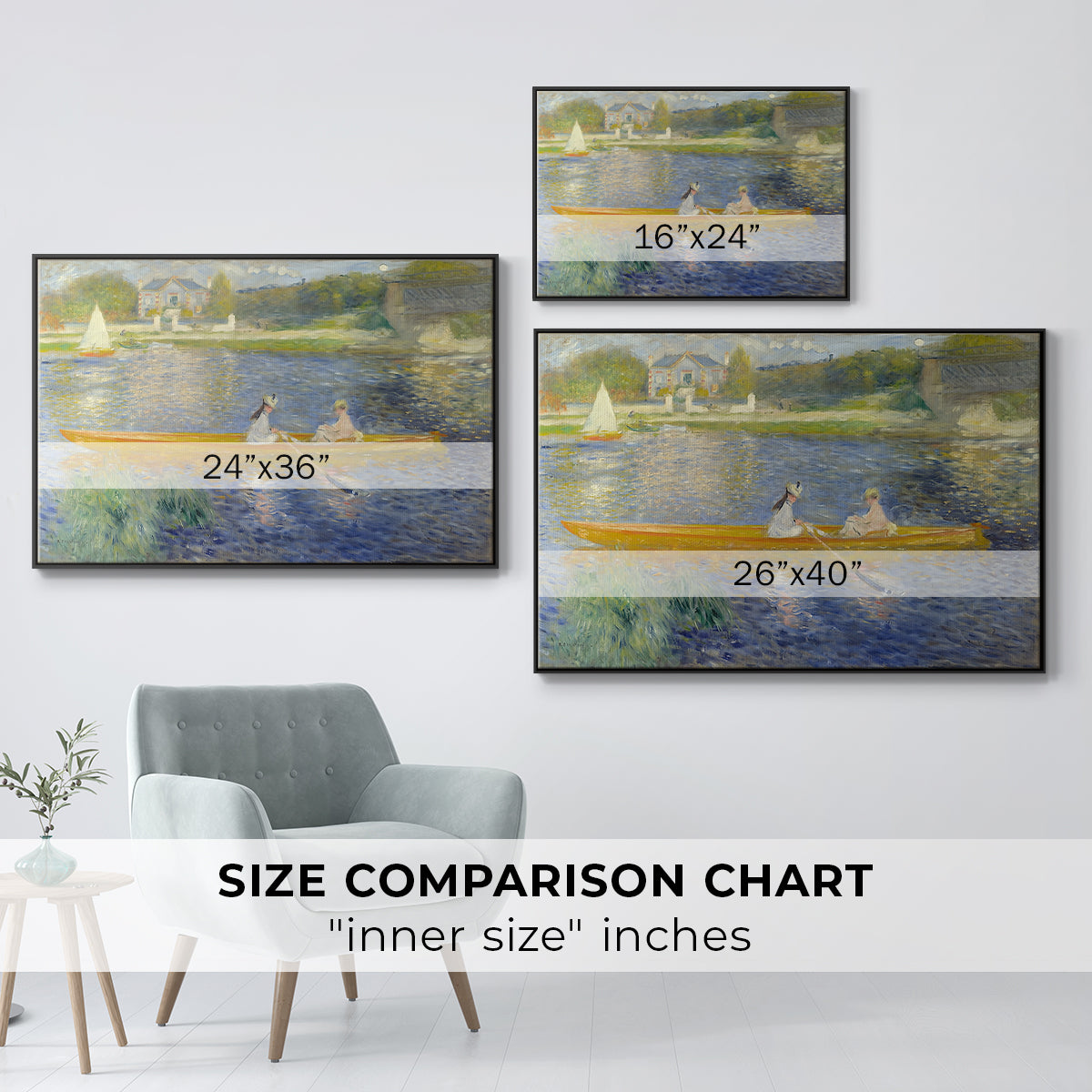 Size comparison chart for black floater framed canvas featuring The Skiff (La Yole), 1875 by Pierre-Auguste Renoir.