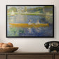 The Skiff (La Yole), 1875 by Pierre-Auguste Renoir in a black floater framed canvas displayed above a console table in a hallway, featuring a leisure scene of figures in a small rowboat on tranquil water.