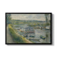 Wash-House Boat at Bas-Meudon, c. 1874 by Pierre-Auguste Renoir in a black floater framed canvas wall art display.