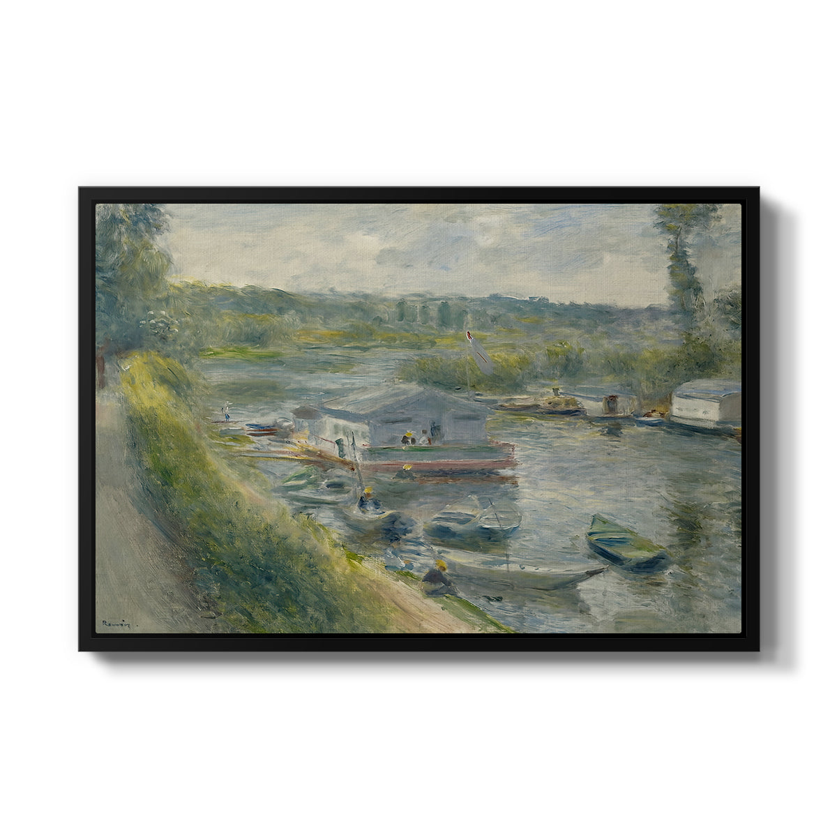 Wash-House Boat at Bas-Meudon, c. 1874 by Pierre-Auguste Renoir in a black floater framed canvas wall art display.