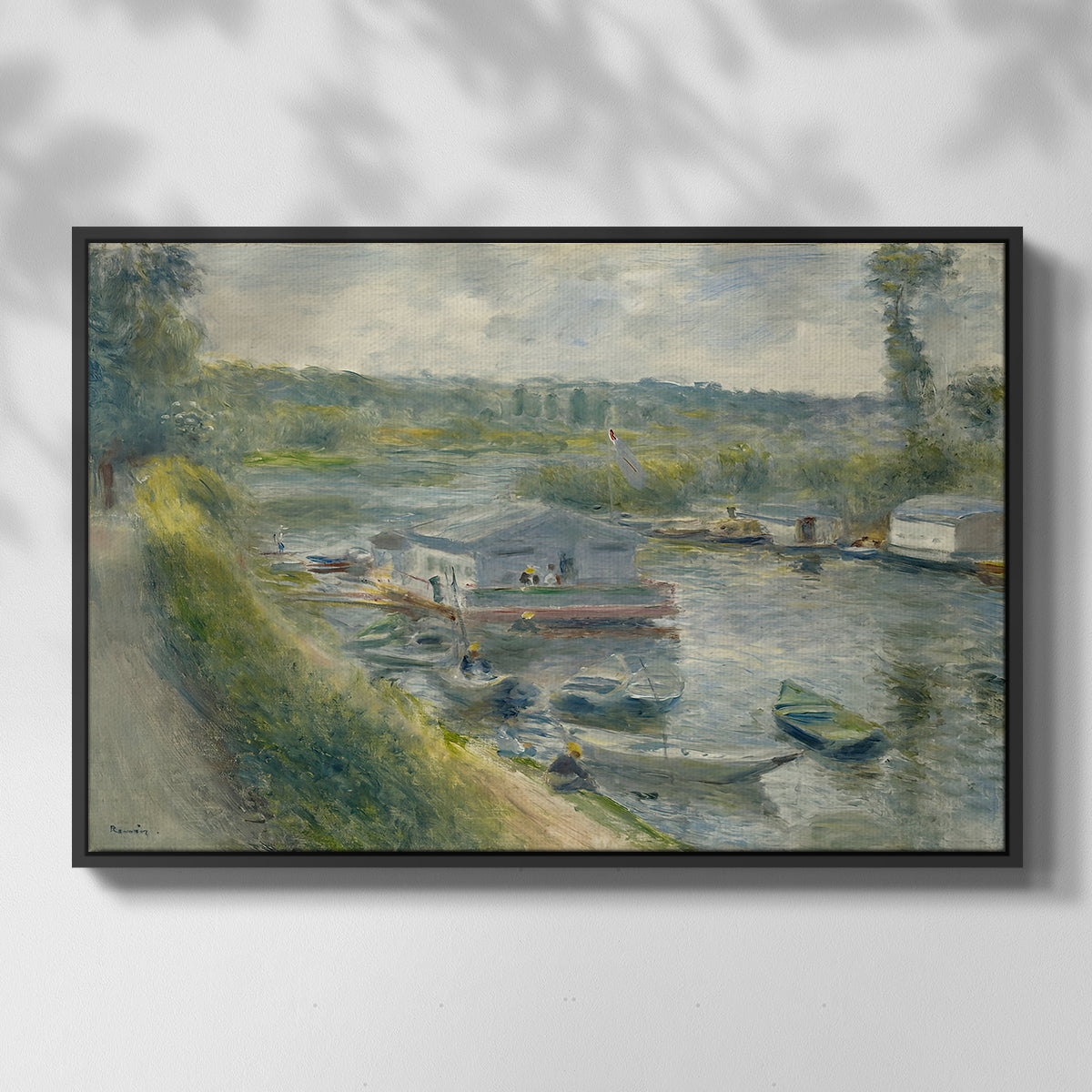 Front view of Wash-House Boat at Bas-Meudon, c. 1874 by Pierre-Auguste Renoir in a black floater framed canvas.